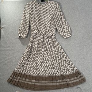 Vintage VLP Dress 80s Geometric Blouson tan cream w Pleated Skirt Size 10P